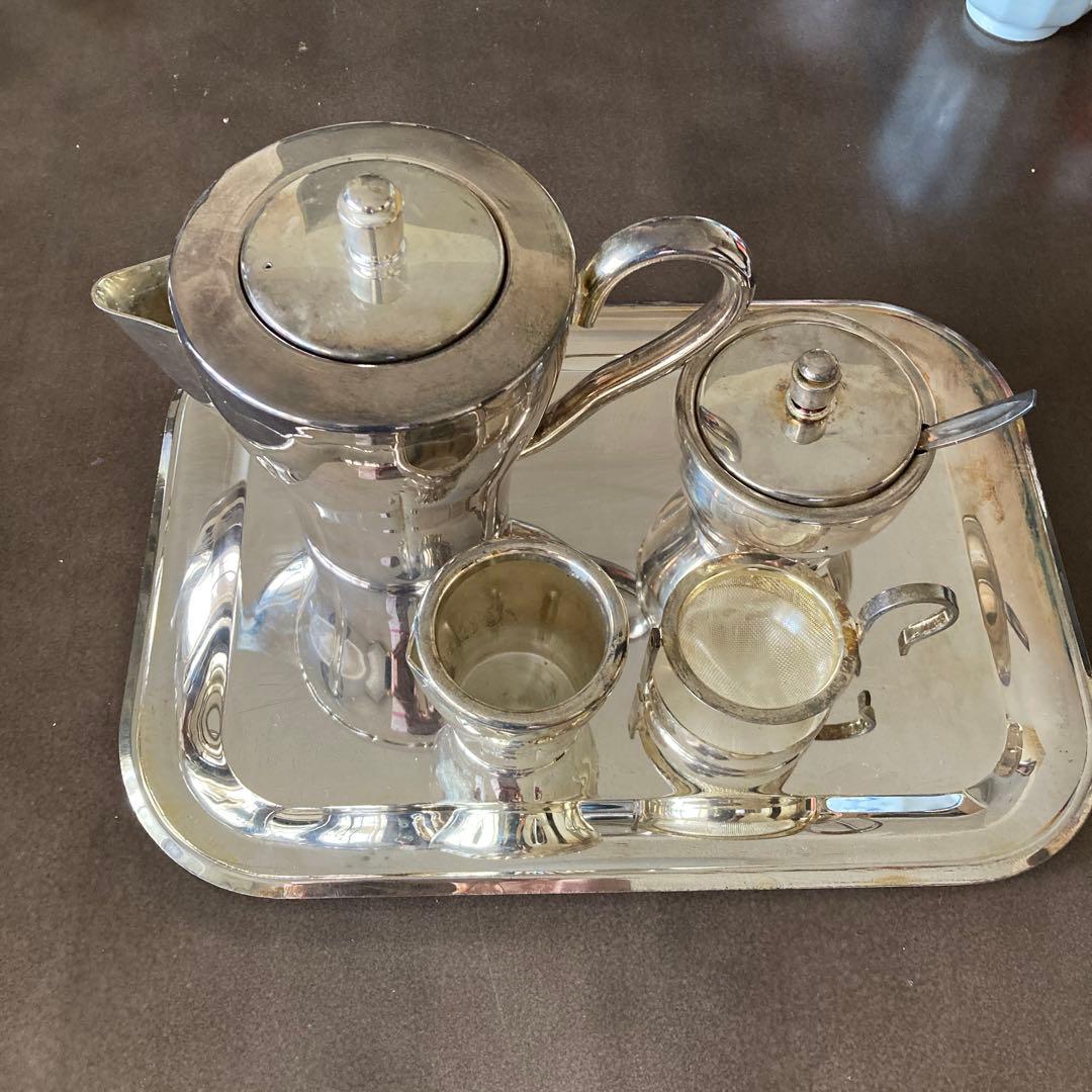 銀食器ティーセットと銀の白鳥調味料入れ アンティーク イギリス