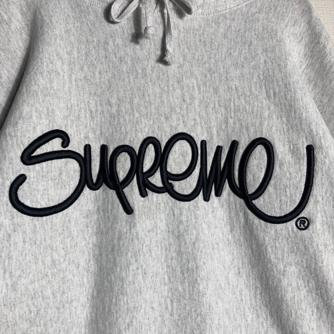 SUPREME プルオーバーパーカー ビッグロゴ 刺繍 アッシュグレー L.
