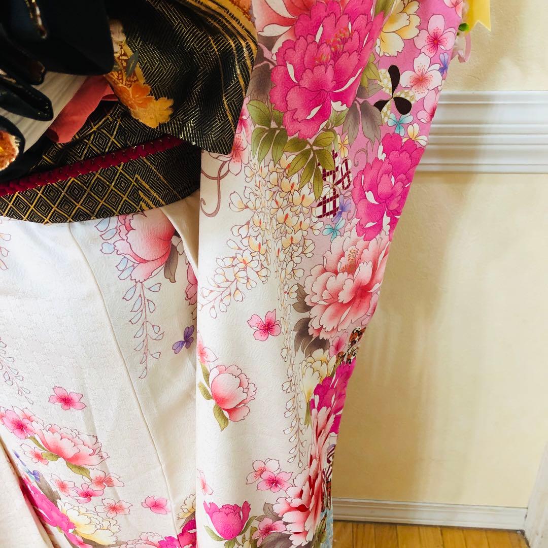 振袖フルセット‼️振袖ブランドLakokuIa❤️白地ピンク花々金彩 小物付