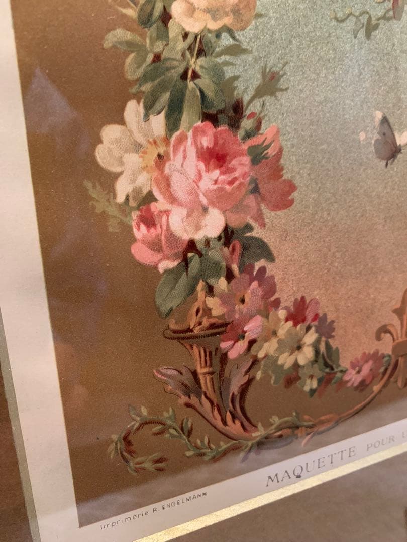 フランス製 アンティーク 1890年の装飾図案集色刷石版額装！花柄