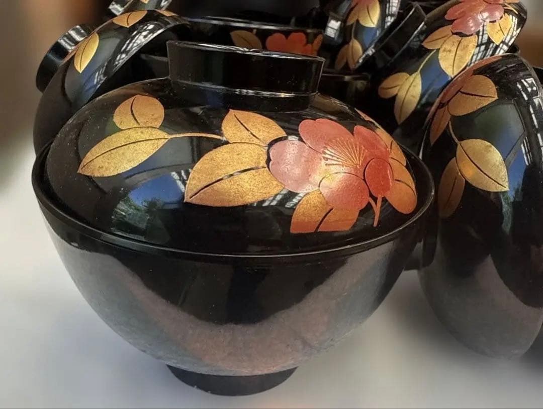 昭和レトロ 漆器 椀 10個セット 赤 花柄 蓋つき汁椀10客