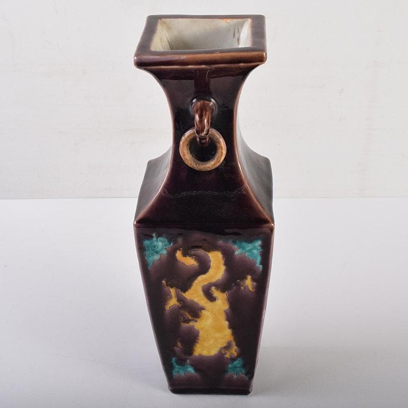 交趾焼　紫交趾　龍文　遊環双耳四方瓶　M　R7672B