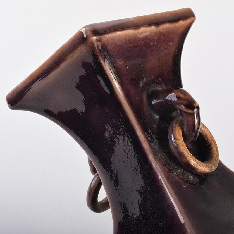 交趾焼　紫交趾　龍文　遊環双耳四方瓶　M　R7672B