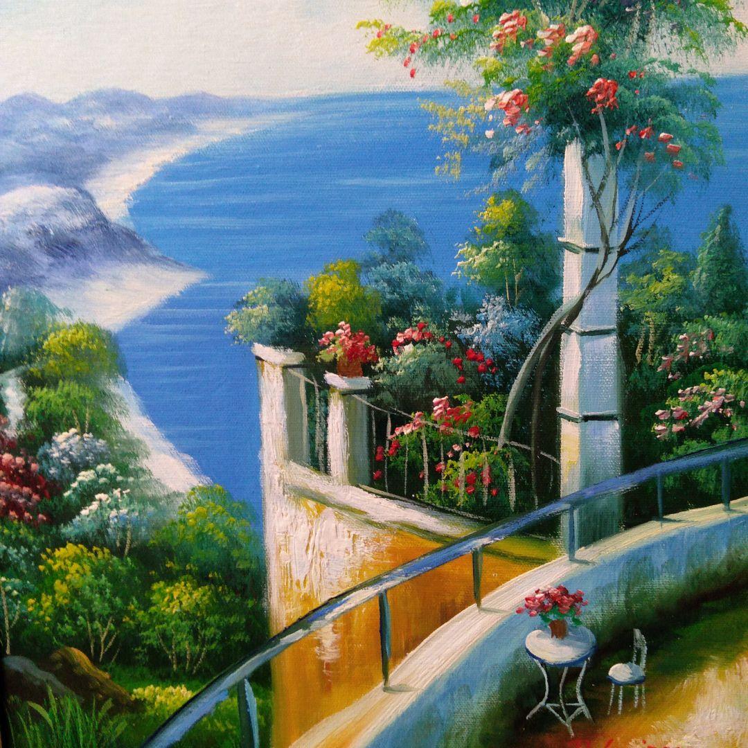 肉質油絵　立て　F6 バルコニーからの眺め　額装仕上げ品
