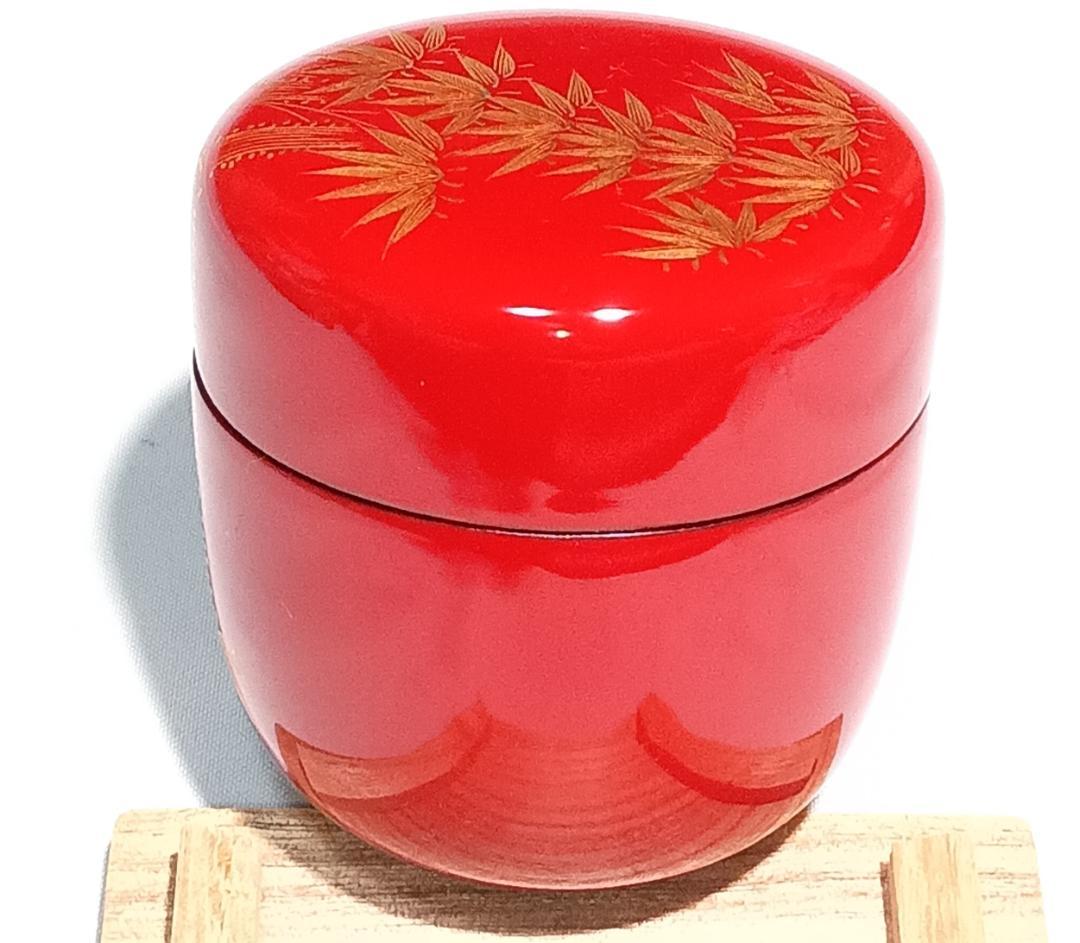 茶道具 伝統工芸加賀漆芸 朱漆塗沈金細工棗 朱漆塗沈金彫竹林