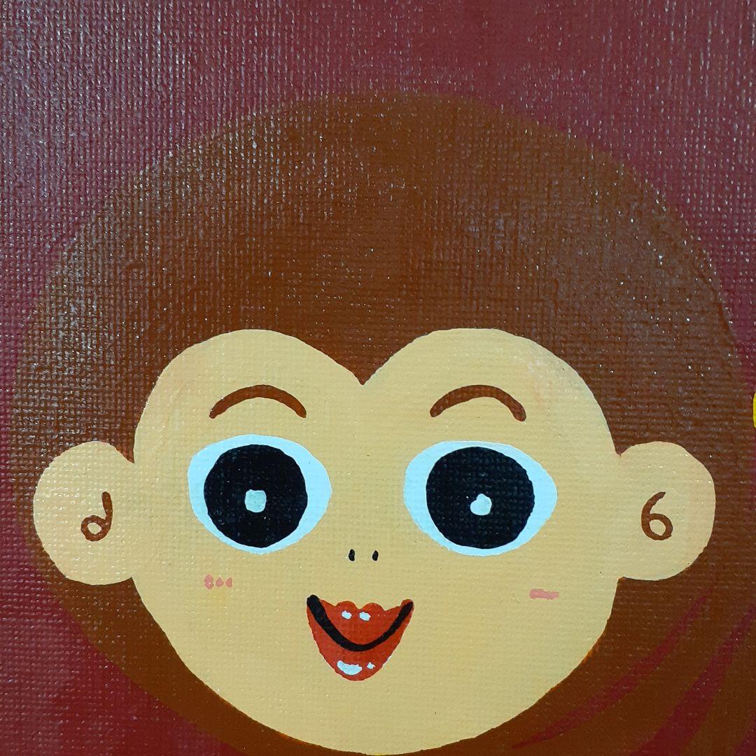 ハッピーモンキー　エンジの背景　サムホールサイズ　アクリルガッシュ　小楠アキコ