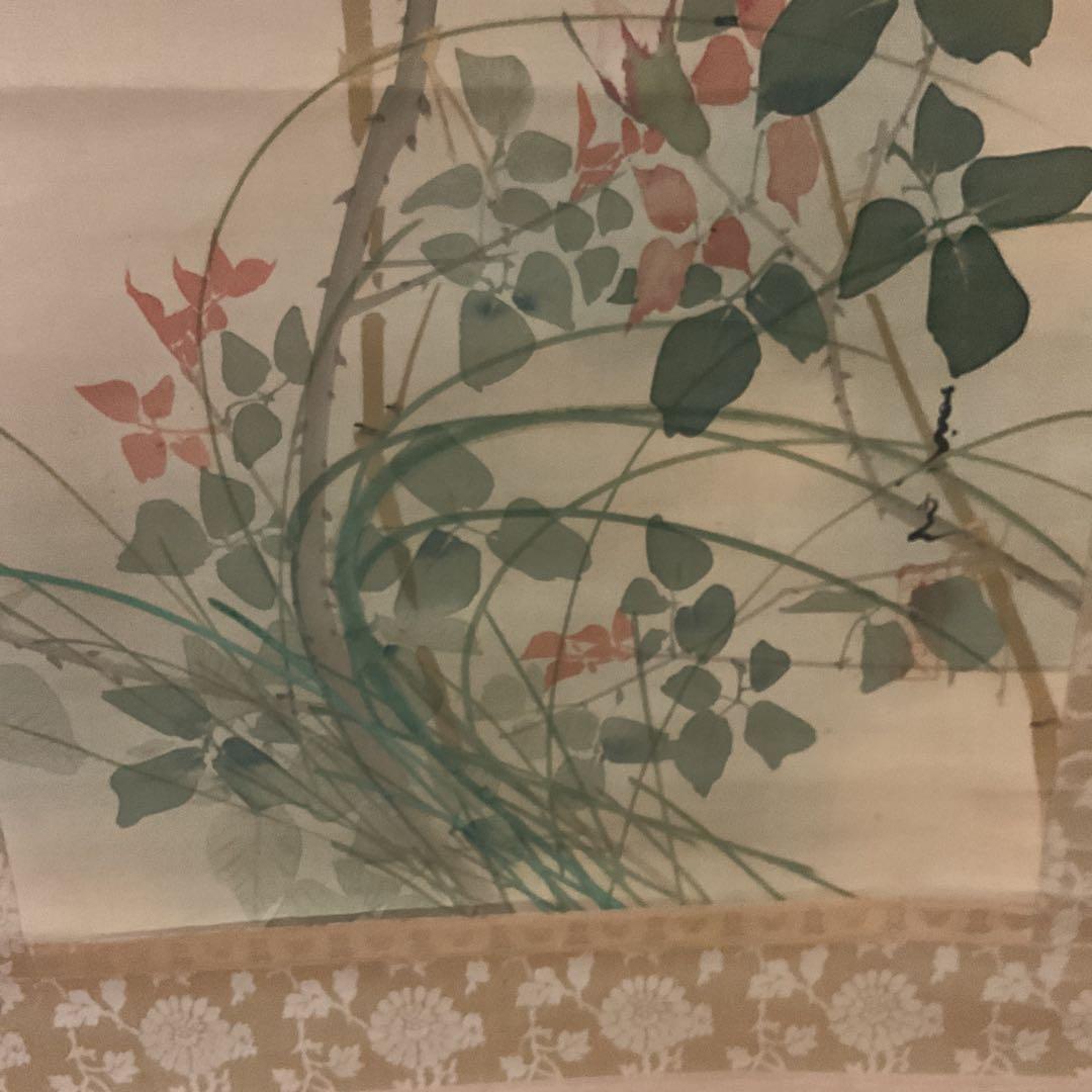 作者不詳作 絹本 花鳥画 【薔薇に花虻図】 表具 作品共経年経過