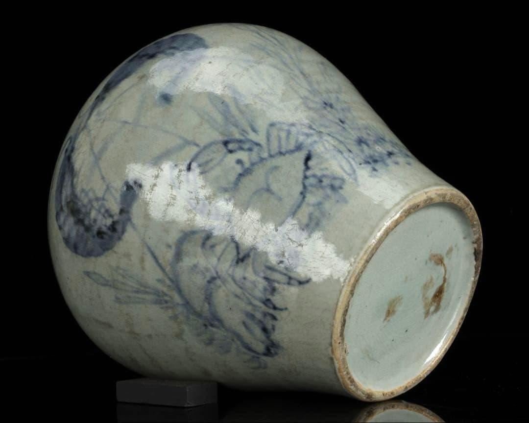 時代物 李朝 染付魚蟹海老文 壺 花瓶 箱付 白磁 青花 朝鮮古陶 唐物