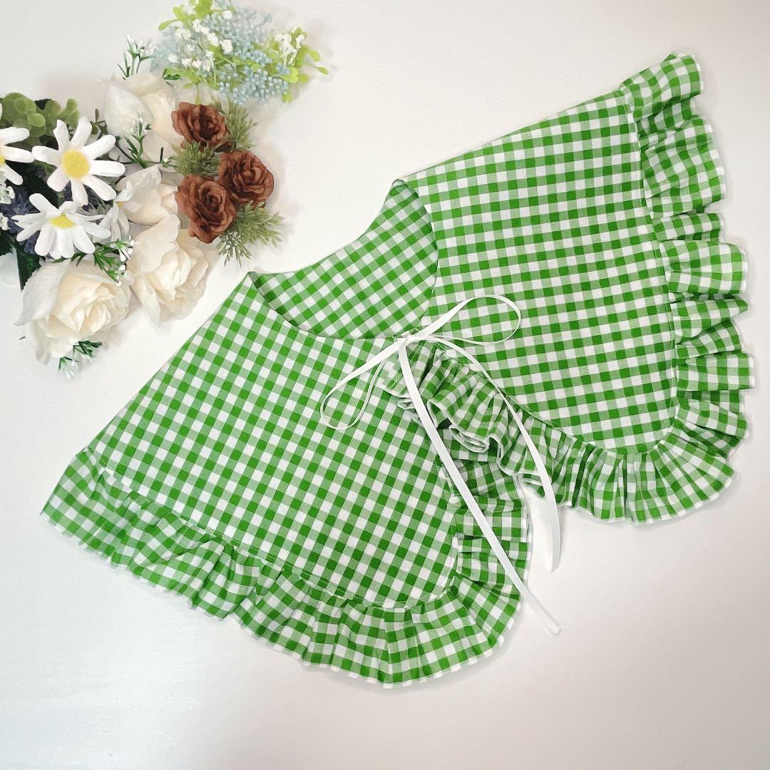 値下げ済】黄緑 ギンガムチェックの大きなつけ襟 - メルカリ