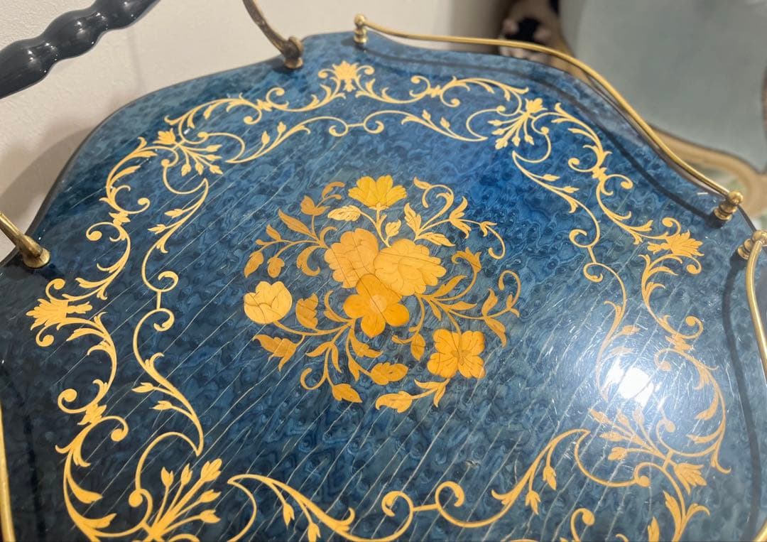 イタリア製DOMANI キャスター付き 木象嵌ワゴン ブルー キッチンワゴン