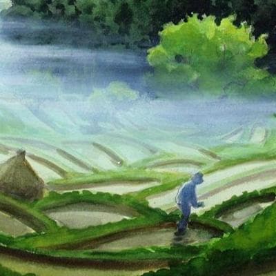 絵画「霧晴れて大山千枚田」　水彩画