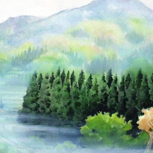 絵画「霧晴れて大山千枚田」　水彩画