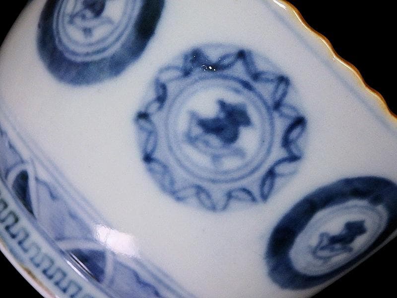 古伊万里 染付 丸紋に赤壁の賦の図 向付 5客