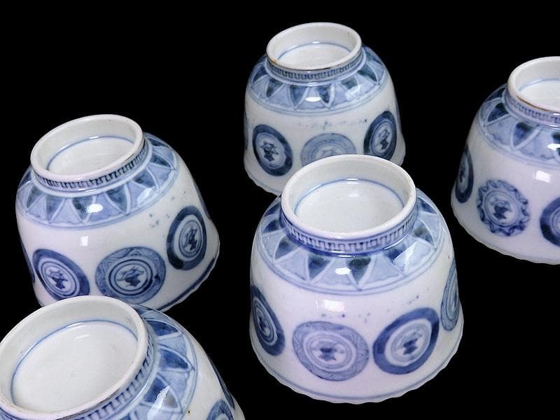 古伊万里 染付 丸紋に赤壁の賦の図 向付 5客