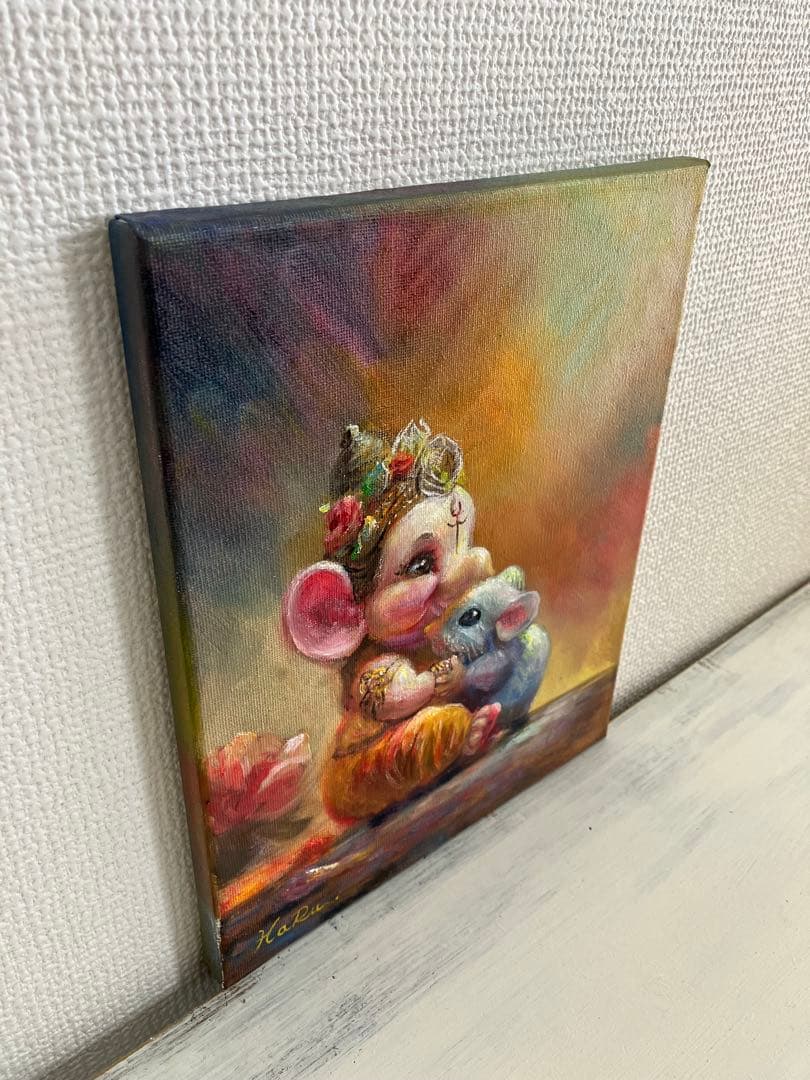 ☆ HaRu ガネーシャ 神様 鼠 1点物 真作 原画 絵画 油絵 ♪ F3