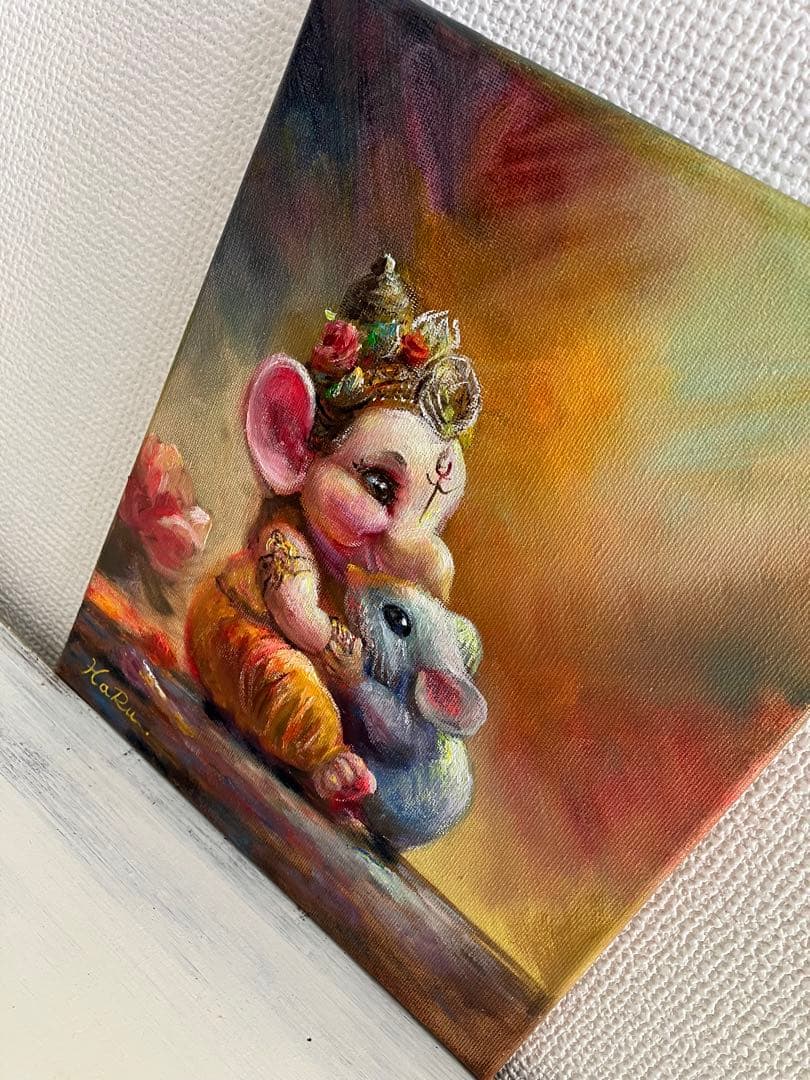 ☆ HaRu ガネーシャ 神様 鼠 1点物 真作 原画 絵画 油絵 ♪ F3