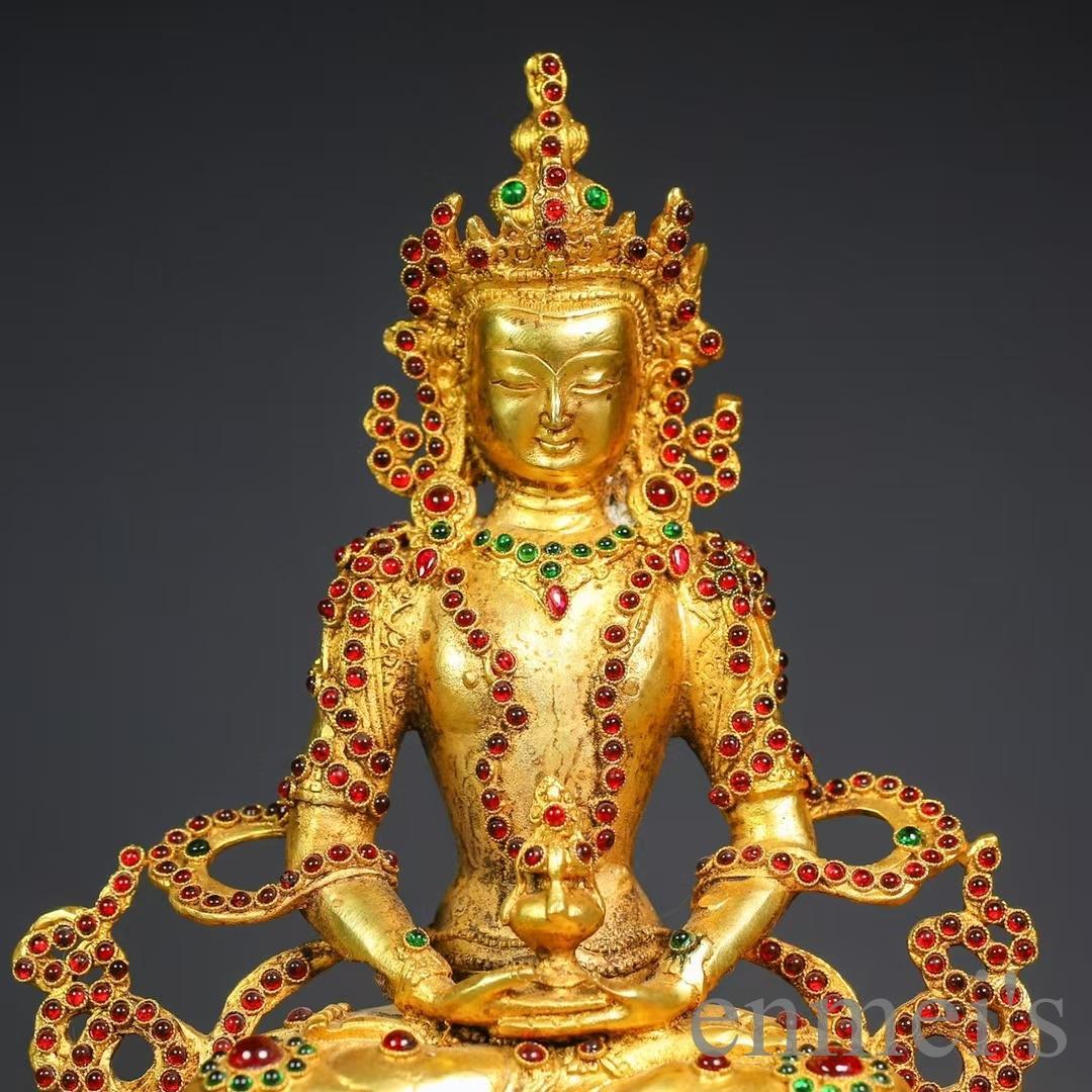 中国古美術 旧蔵 描金 純銅製 多宝嵌仏像 仏具 金属工芸 細工彫刻 仏教古美術