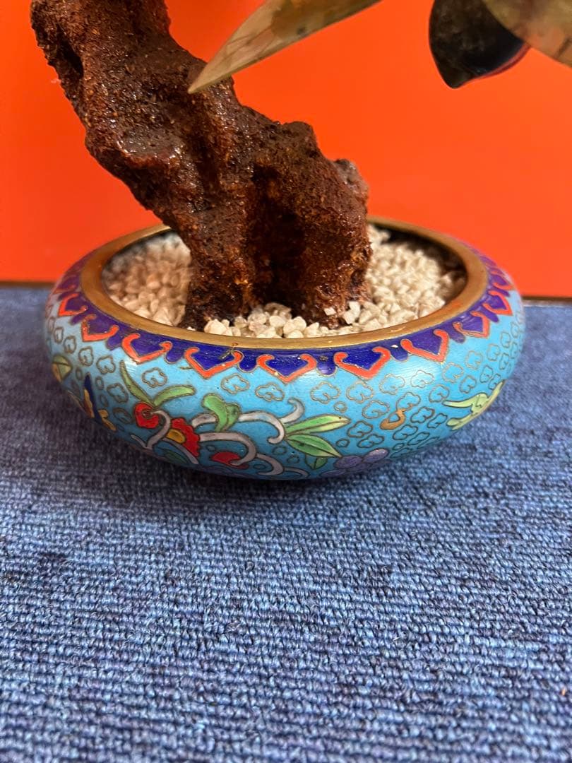 1184 中国美術 桃樹玉石 桃木玉石盆栽 景泰藍 石細工彫刻 置物 - メルカリ