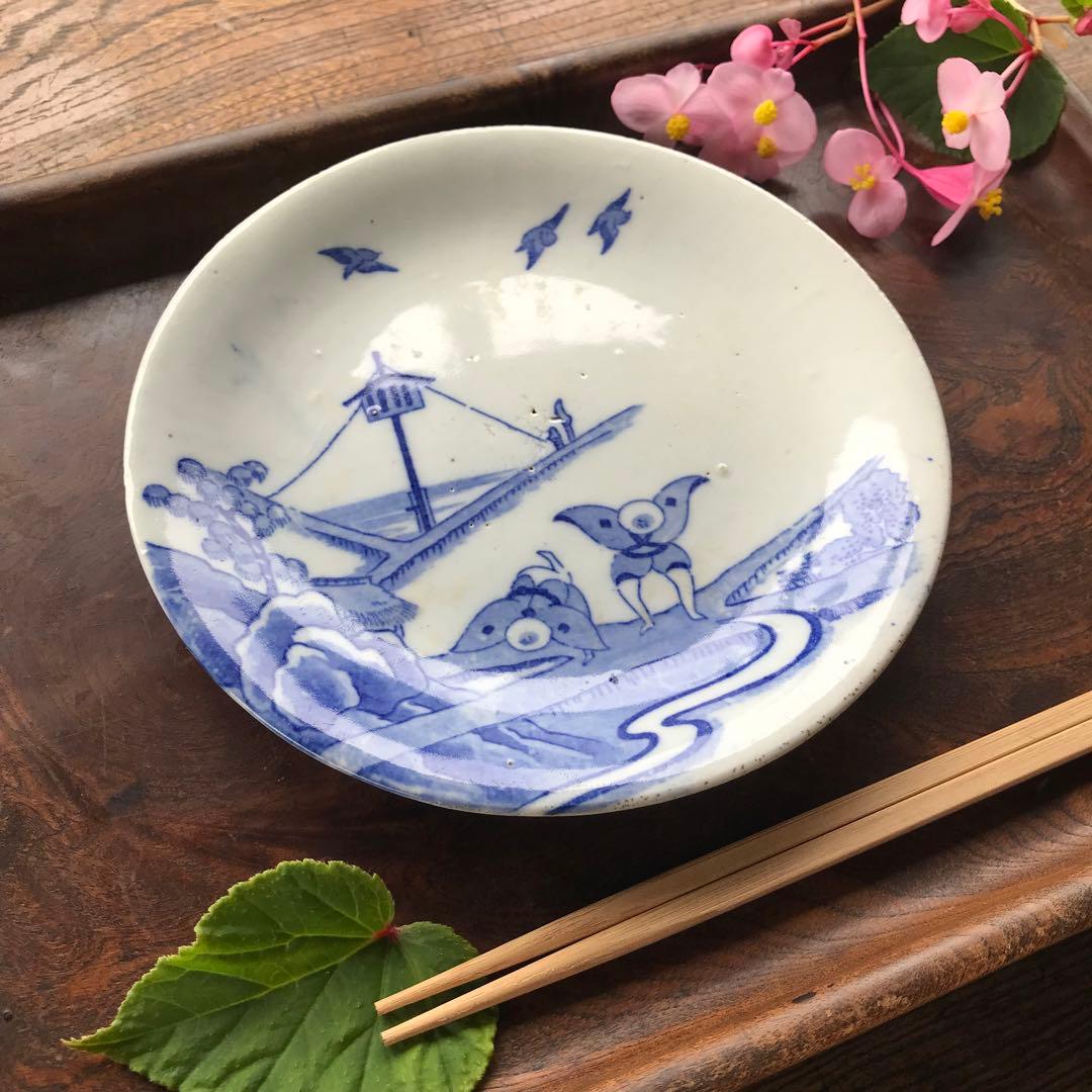 ＊図変わり印判　すずめ踊り　皿　銅版染付　銅摺り印判　明治　大正　古道具＊