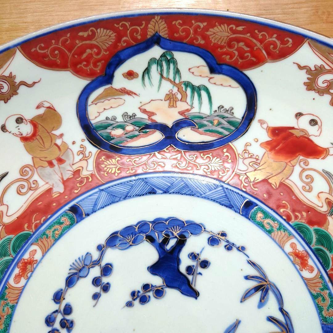 新春特価⚫希少特大皿⚫古伊万里色絵松竹梅花唐子図大皿⚫直径約46.5cm大正時代