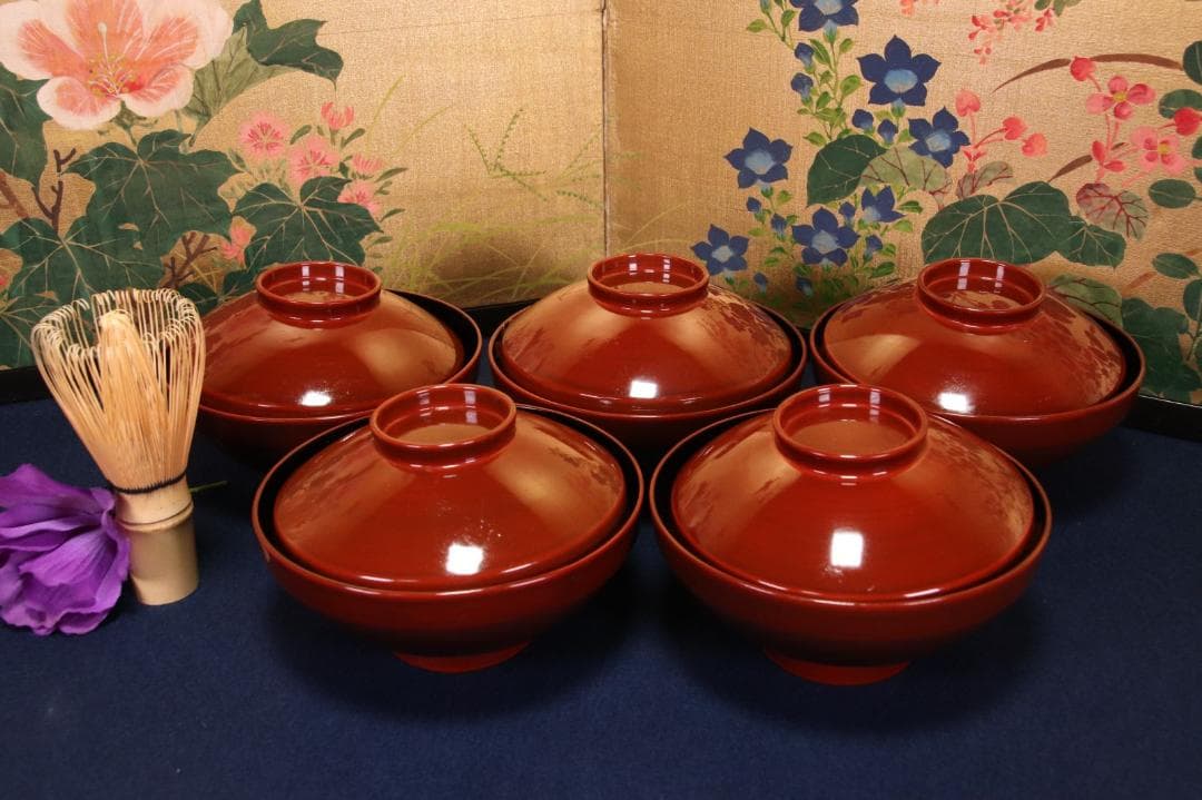 時代 輪島塗 本物 木地 黒漆 蓋椀 五客 草花紋様 金蒔絵 吸物椀 漆器漆