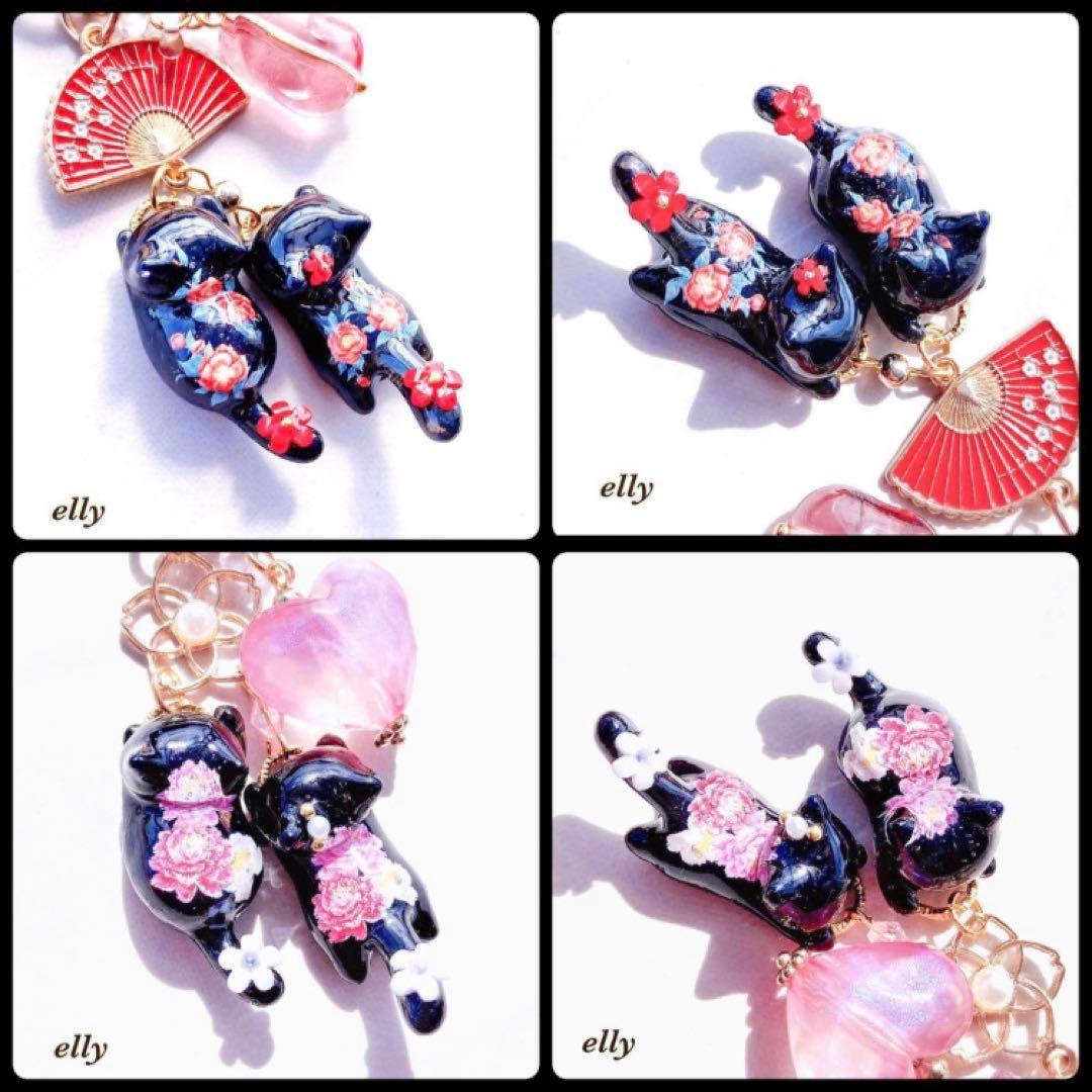 【sawasawa様】1164.天然石　椿　じゃれ猫　ジャンピング猫　レジン