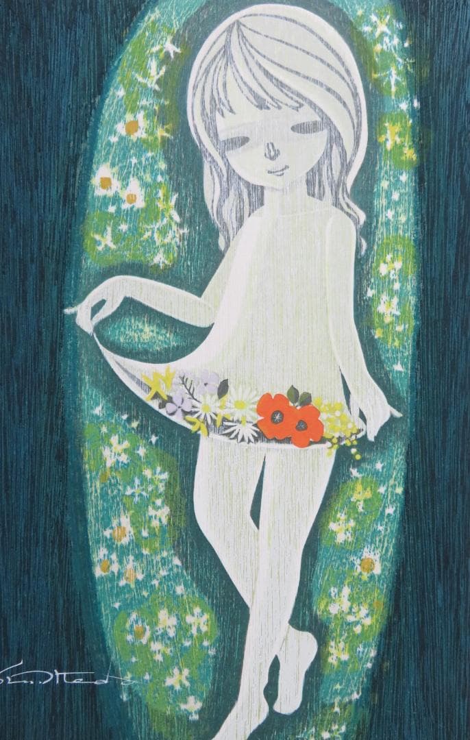◇ 池田修三 「花の少女」 木版画 1977年 67/200 版上サインあり