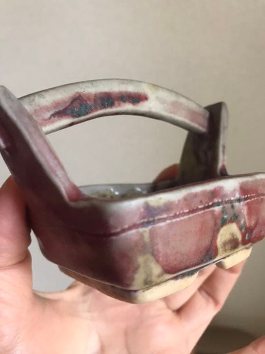 盆栽鉢　希少時代文山辰砂手桶鉢、紫陽花釉楕円鏡鉢、おまけ辰砂六角ミニ鉢山野草