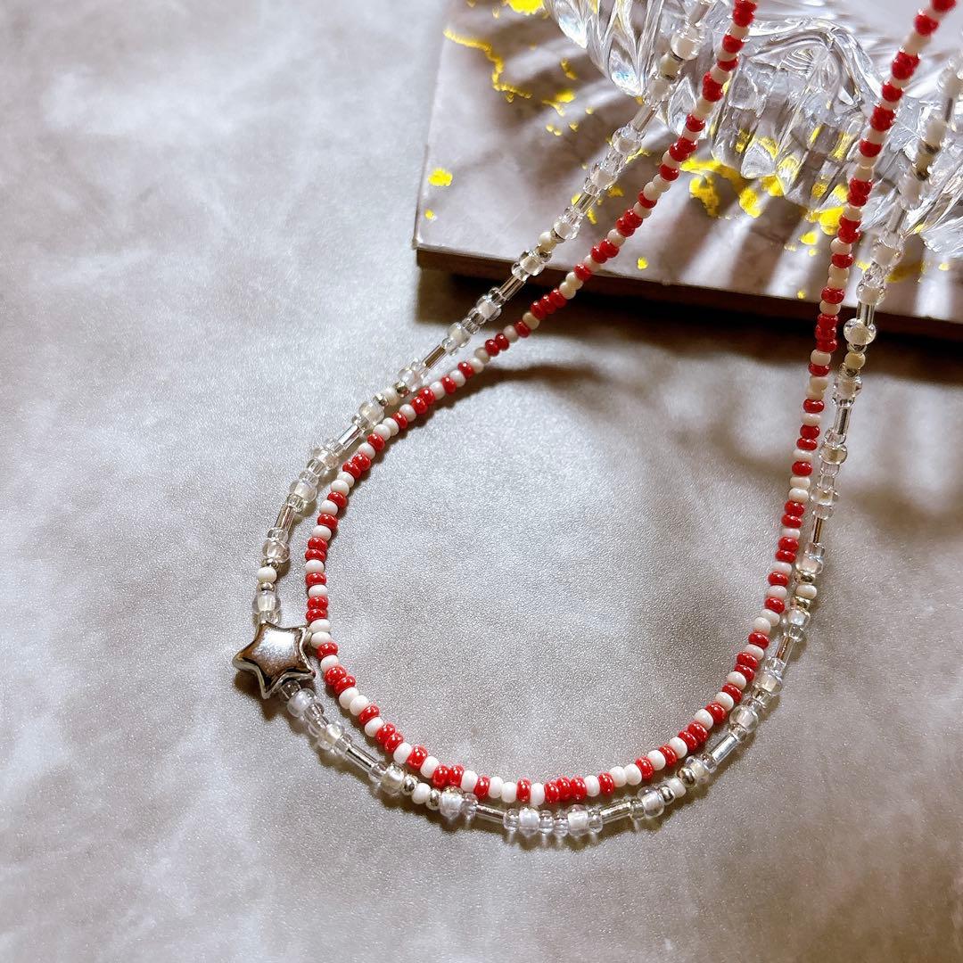 クリア シルバー 赤 白 星 2本セット ビーズネックレス - メルカリ