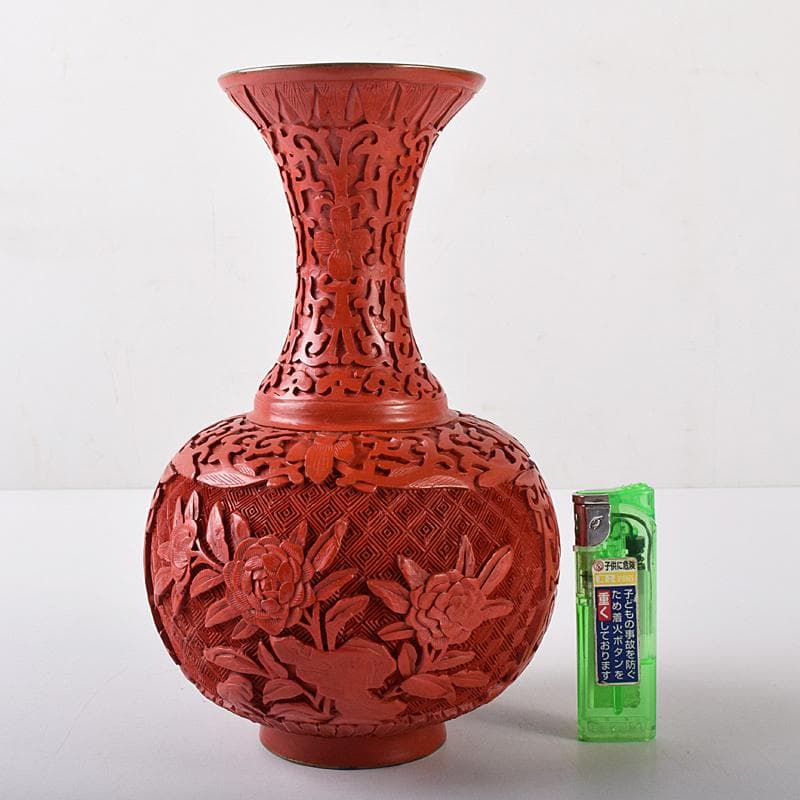 中国　剔紅　堆朱　内七宝　花文瓶　V　R7912