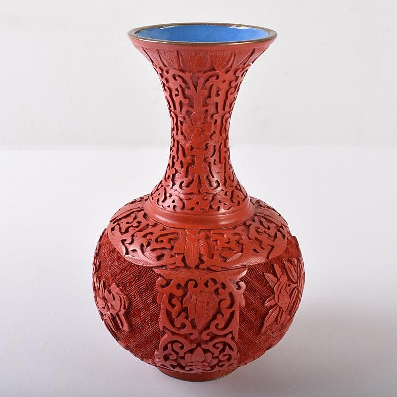 中国　剔紅　堆朱　内七宝　花文瓶　V　R7912