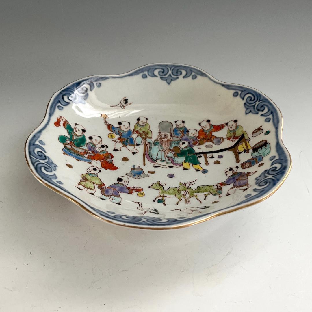 古伊万里 錦絵唐子文中鉢 肥蝶山栞岳造 款 有名小説家