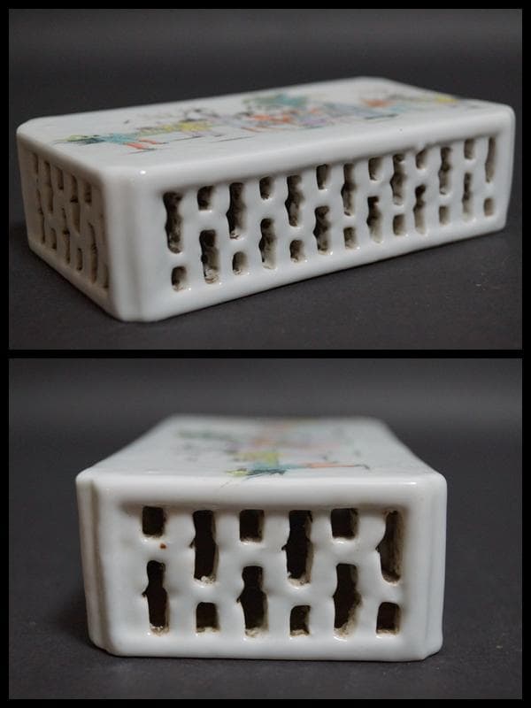 書道具 粉彩色絵『人物風景図』透かし彫り文鎮 文房具 飾り置物★時代物★