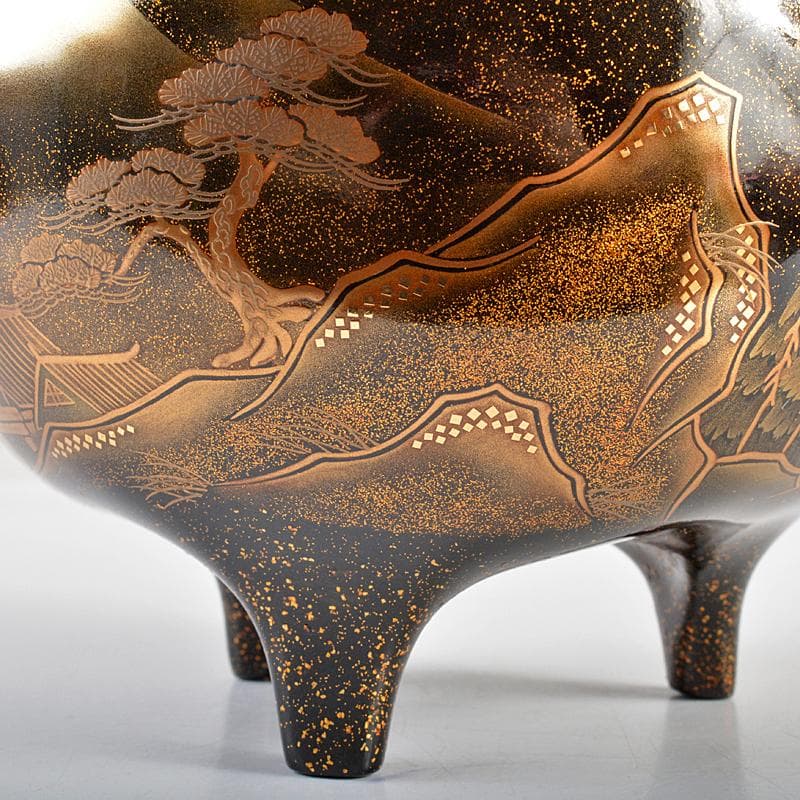 26【新品未使用】 輪島塗 山水蒔絵 三足香炉 純銀火屋 約61g H R5626