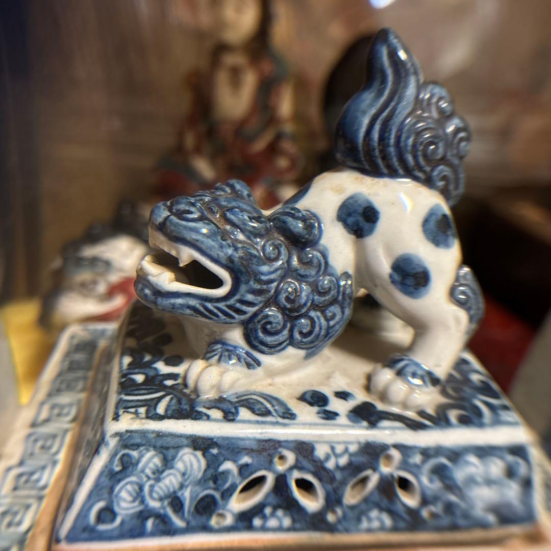 九谷   古美術     【染附 】   獅子摘み　大迫力　香炉　アンティーク