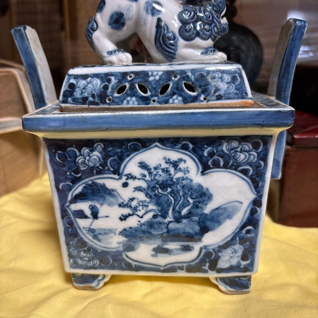 九谷   古美術     【染附 】   獅子摘み　大迫力　香炉　アンティーク