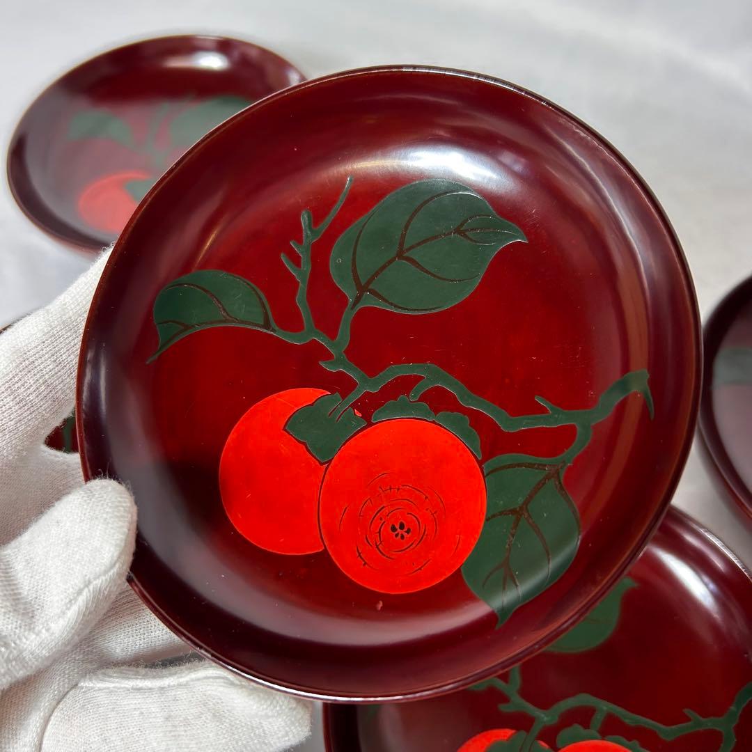 柿の柄がとても美しい【明治時代】の輪島塗 小皿 6客