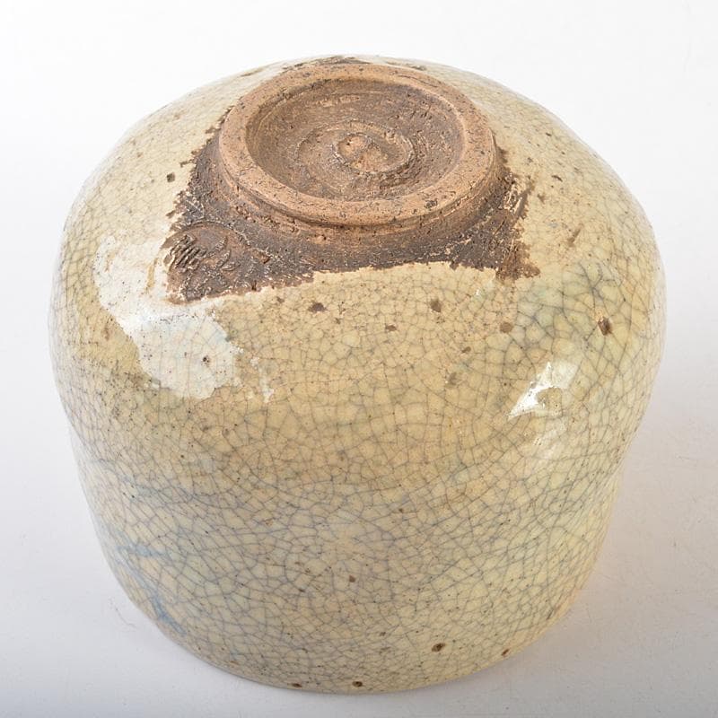 豊楽焼　六代　大喜豊助作　染付鶴文　楽茶碗　九代豊助極め箱　C　R7259