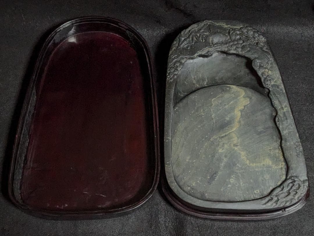 歙州硯 松竹文特大楕硯】◇金暈金星・水波紋の美石