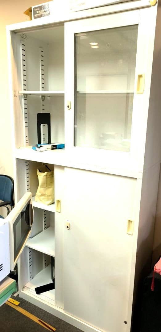 【引取歓迎】オフィス用キャビネット上下セット（ガラス引戸＆スチール引戸）ホワイト 送料無料】 【国産】スチール書庫 上下セット ガラス引戸+オープン 鍵