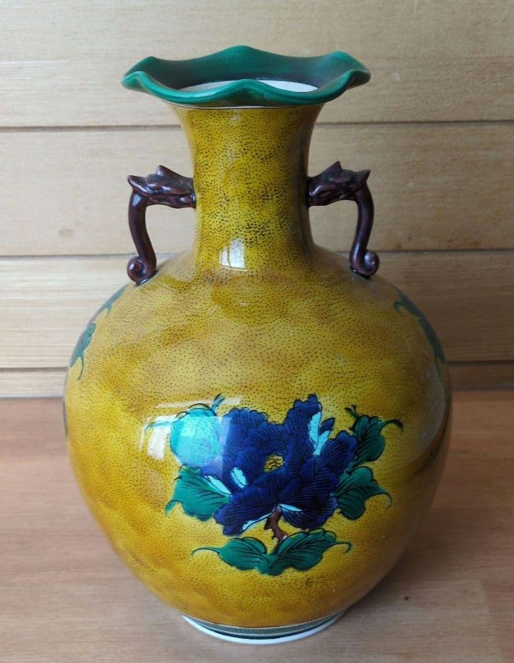 九谷焼　角福　花瓶　色絵　花鳥図