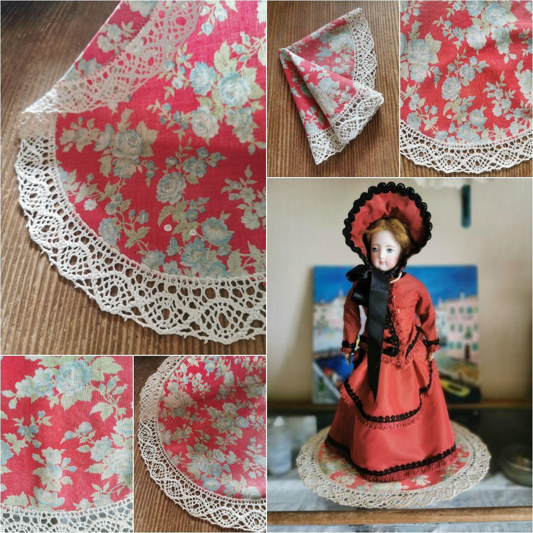 アンティーク フレンチ花柄ファブリック＆クロシェボビン編みレース