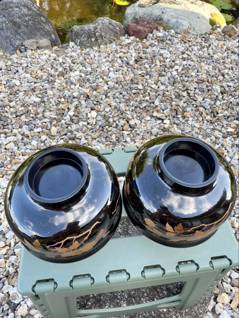 美品　漆塗り　会津塗り　茶碗　龍2客セット