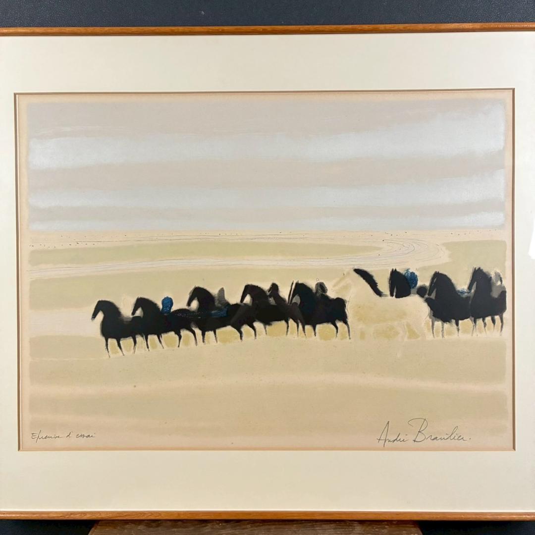 アンドレ・ブラジリエ「乗馬」リトグラフ 大作 直筆サイン入り 額縁入り