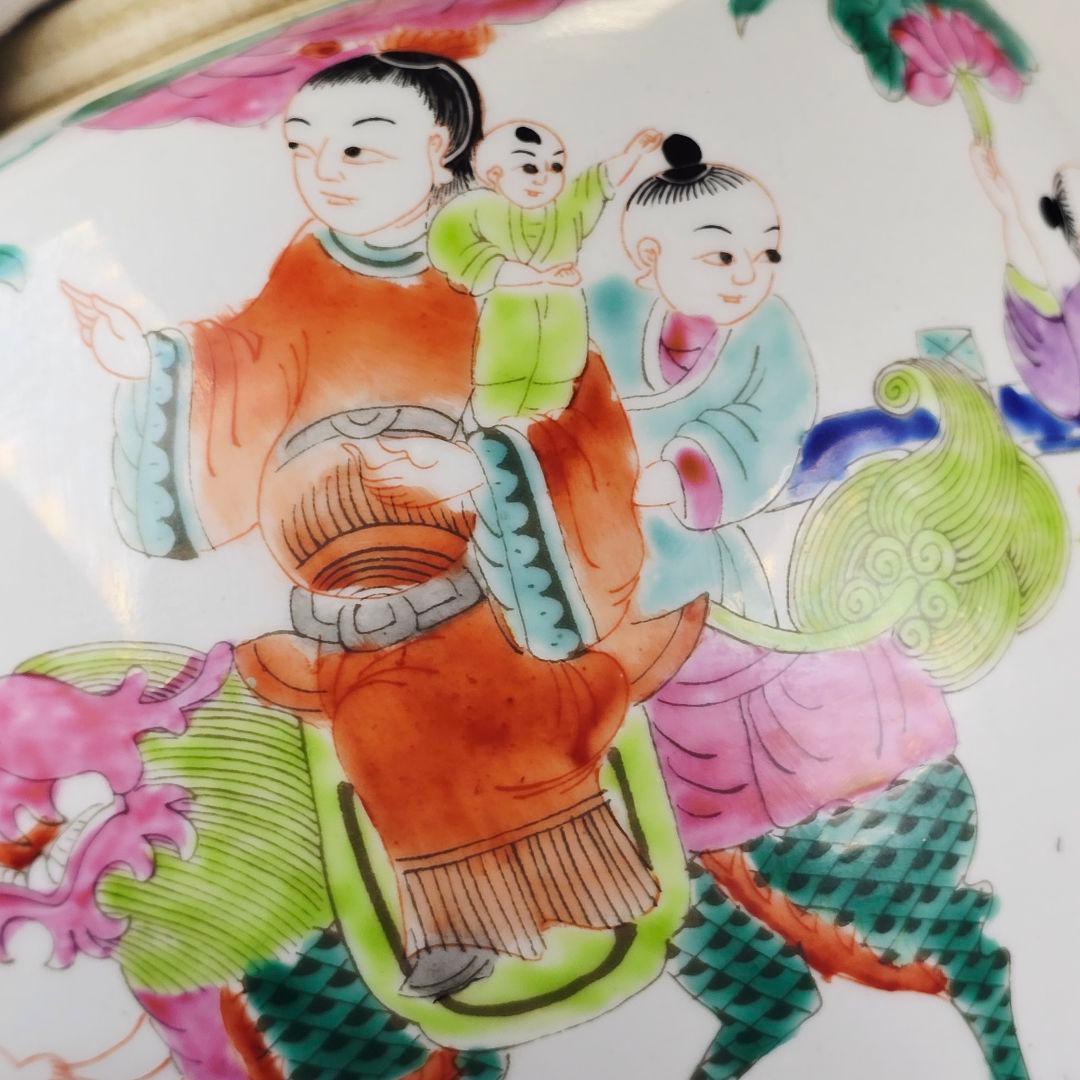 舶来品 中国古磁 五彩 手絵 麒麟天官送子図 大型 姜缶 人頭缶 清同治在