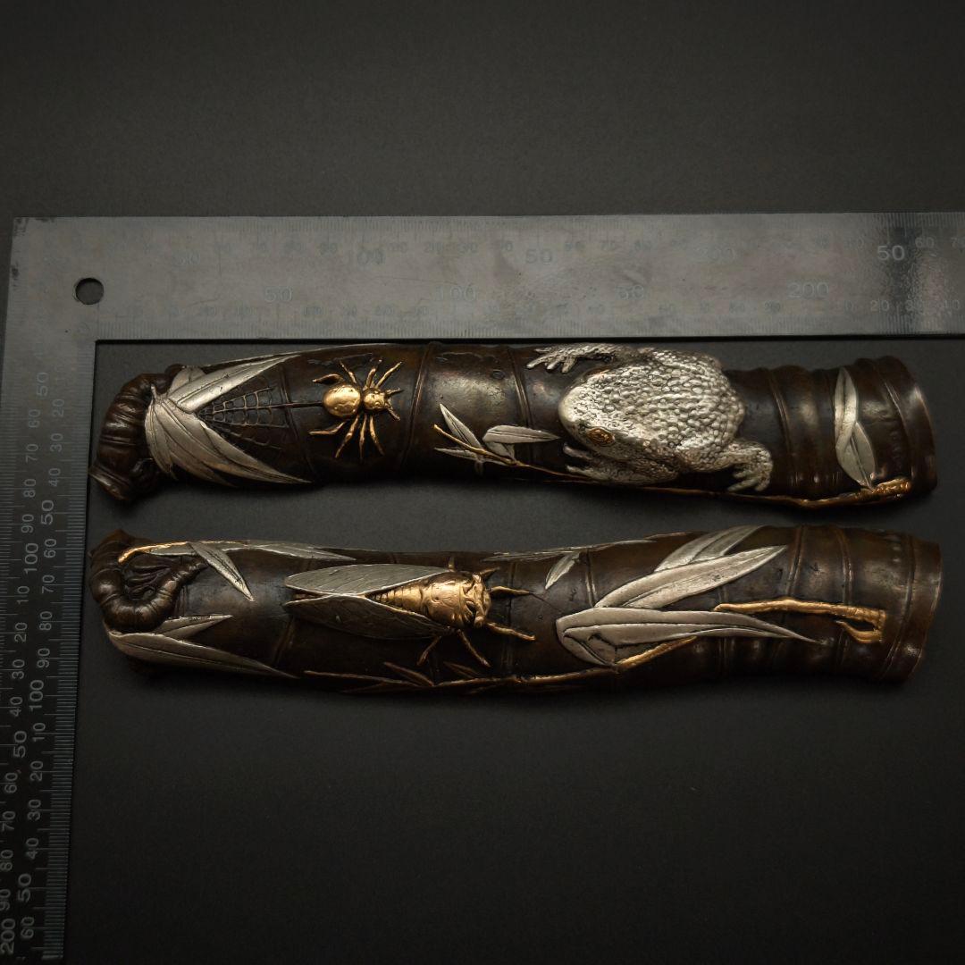 銅製鎮紙　文鎮　夏虫の図　鎮尺　金工師　金工品　絵金銀　竹形　インテリア置物