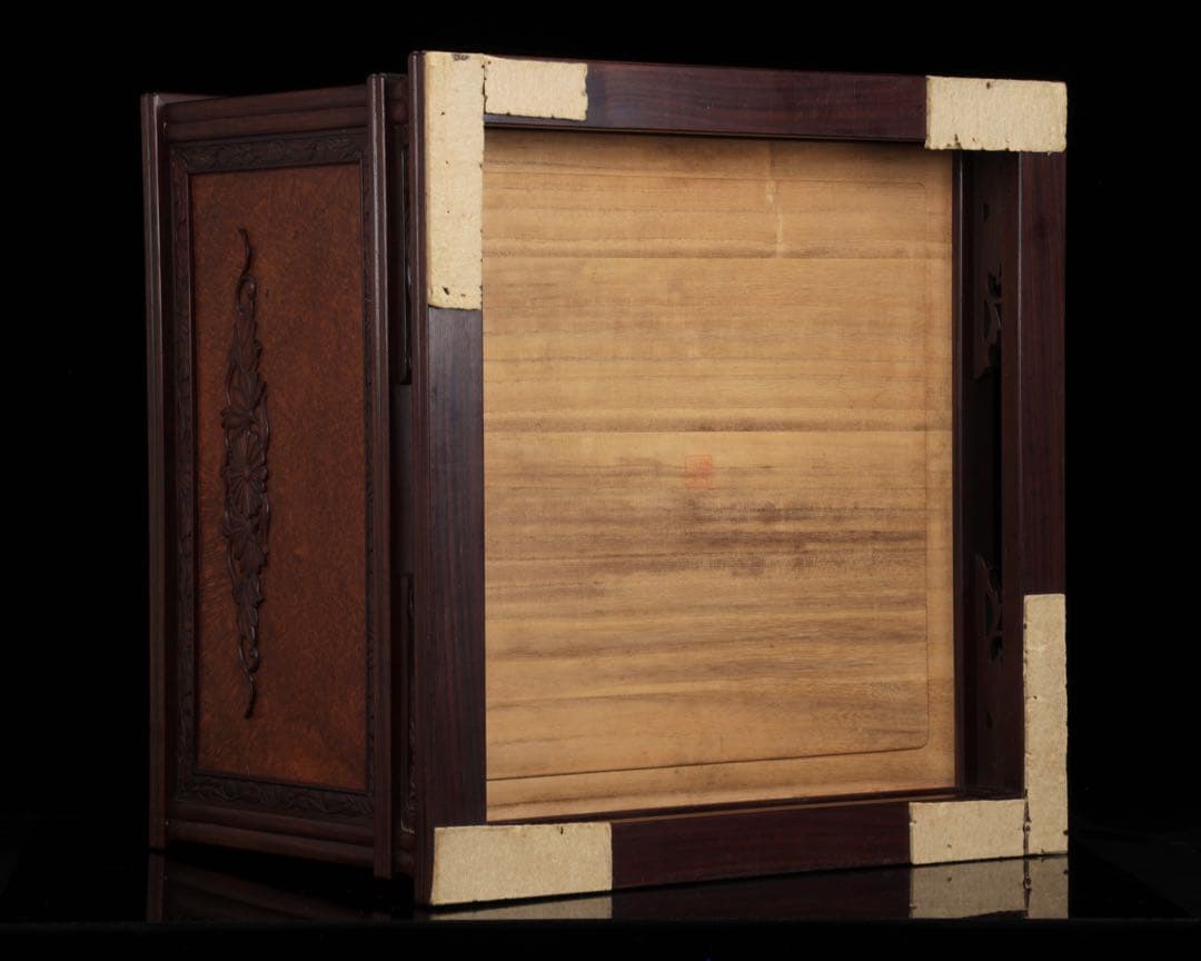 唐木細工師【阿達祥山】 玉葡萄紫檀草飾四方形 火鉢 幅43.5cm 瓶掛