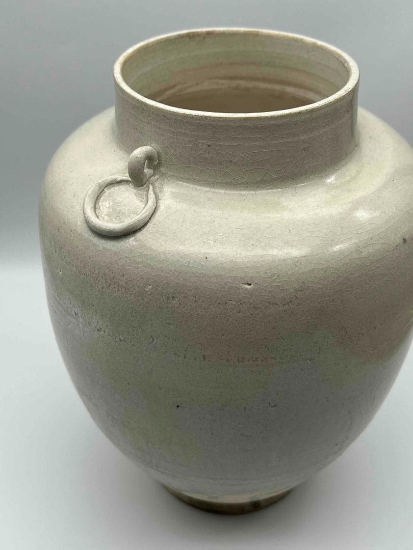 宋時代 白磁 定窯双環耳広口壺 水丞 宋磁 【旧家蔵出し】