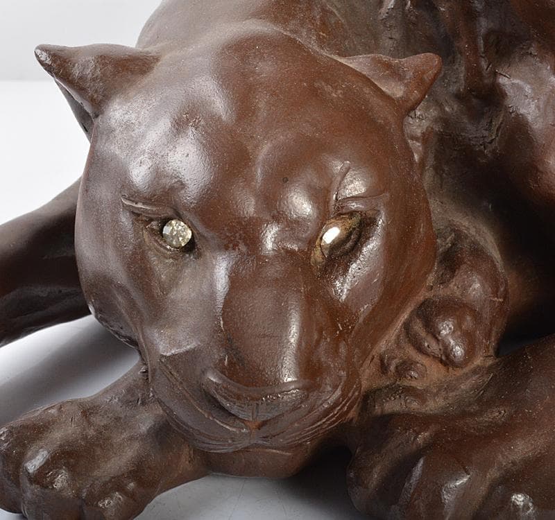 彫刻家　石崎秀峰作　ブロンズ像　夫婦獅子　重さ約17.8㎏　F R4435C