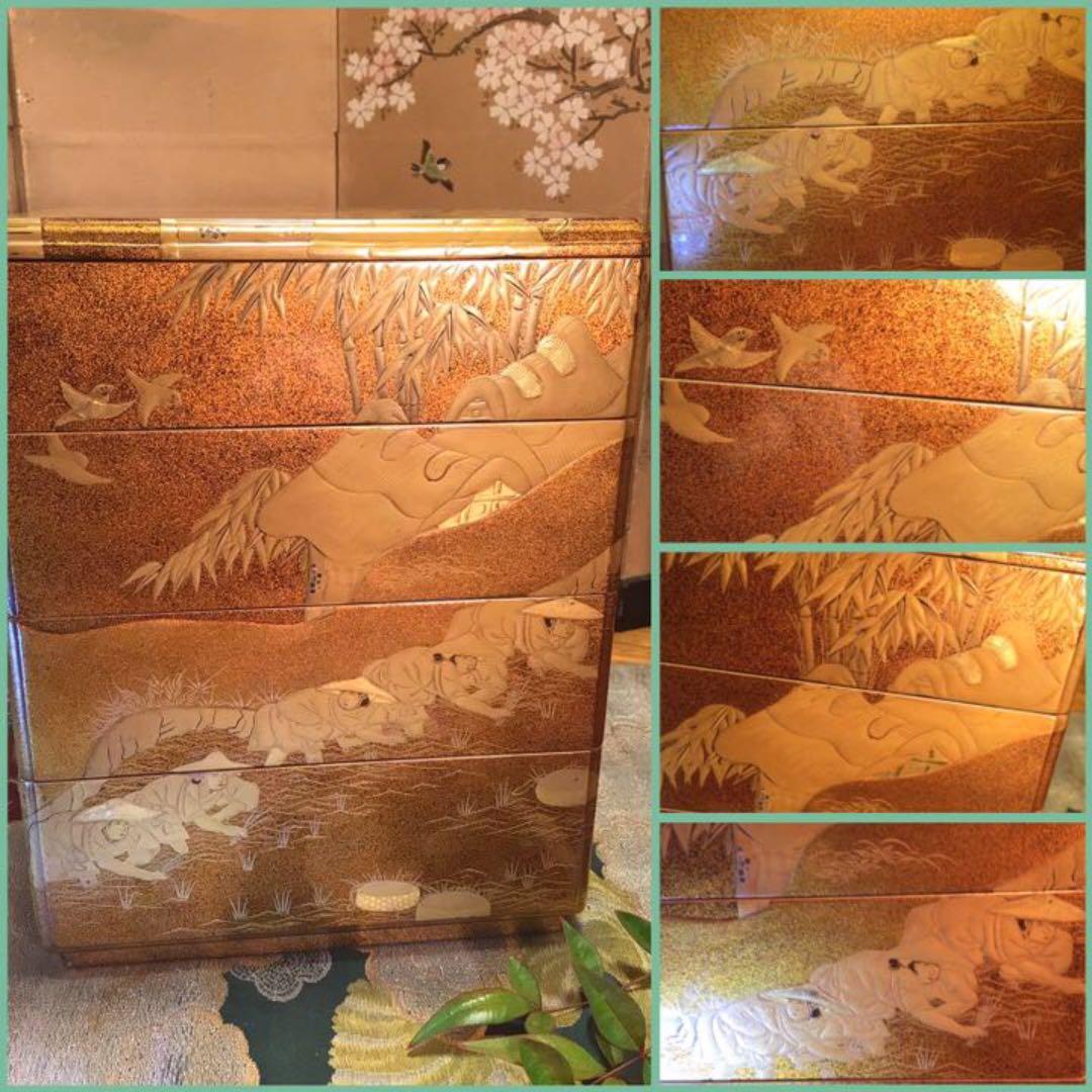 ➁【特別出品】総梨地大名道具農耕蒔絵蒔絵野弁当提重（共箱）